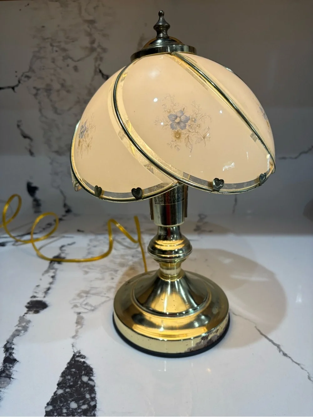 Vintage Brass Table Lamp with Cream Floral Glass Shade. Touch sensor